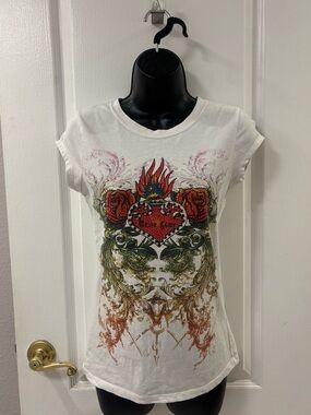 Y2K Bedazzled True Love Flaming Heart Rose Graphic White Short Sleeve Tee L